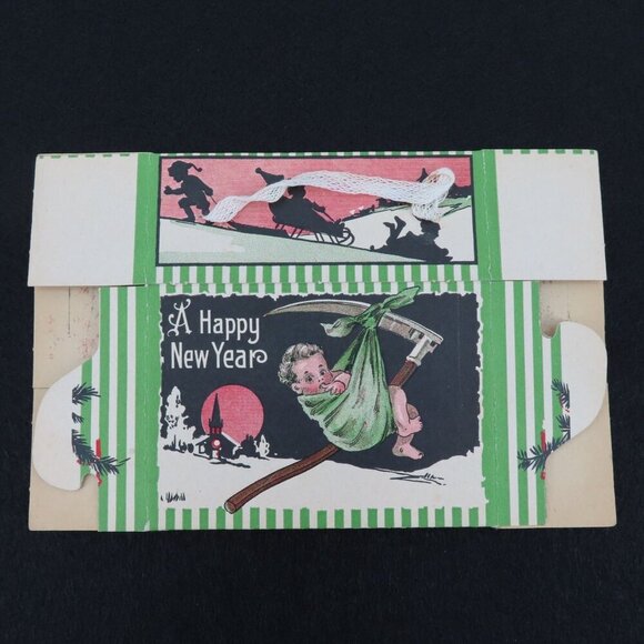 Antique Merry Christmas New Year Unused Cardboard Candy Box Green Striped Handle - Picture 1 of 10